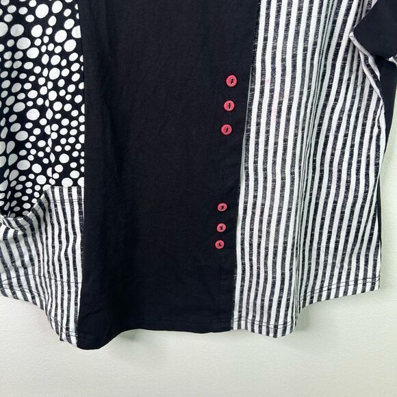 Parsley & Sage Boho Patchwork Top L Black White Polka Dot Stripe Artsy Button - Picture 3 of 11